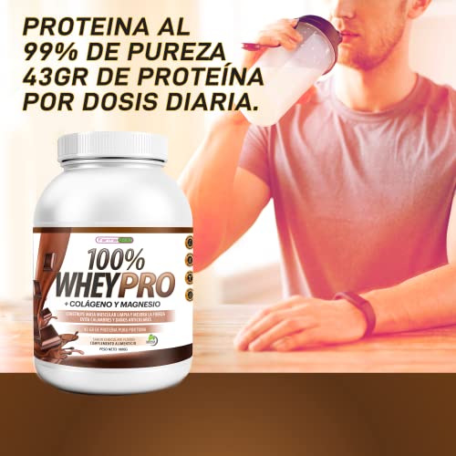 100% Whey Protein con Colágeno y Magnesio | 43Gr. de Proteína Pura por toma 0% Azúcares | Aumenta el crecimiento muscular y tonifica los músculos | Protege y lubrica Articulaciones | 1000g (Chocolate)