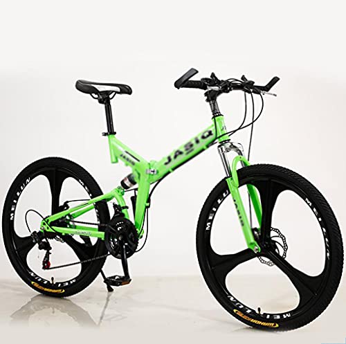 24/26 Pulgadas 21 Velocidades Plegable Bicicleta De Montaña De Acero Altas De Carbono, Suspensión Completa Mtb Bicicleta Para Adultos, Freno De Doble Disco Bicicleta De Monta(Size:26inch,Color:verde)