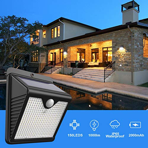 【6 Paquete】150 LED Luz Solar Exterior, Feob Súper Brillante Foco Solar Exterior con Sensor de Movimiento, 180°Iluminación, 1000 Lumens IP65 Impermeable Lampara Solar para Exterior Jardin (luz blanca)