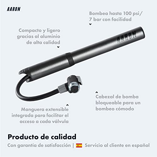 AARON Pocket One Mini bomba de bicicleta para todas las válvulas, compacta, apta para cualquier marco, bomba de mano para viajes con kit de pinchazos, en negro/gris