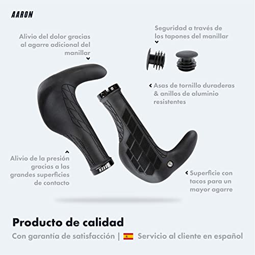 AARON Puños para bicicleta Bull con cuernos – Puños ergonómicos de goma suave antideslizante – Puños adecuados para bicicleta eléctrica, bicicleta de trekking, bicicleta de montaña, bicicleta de paseo