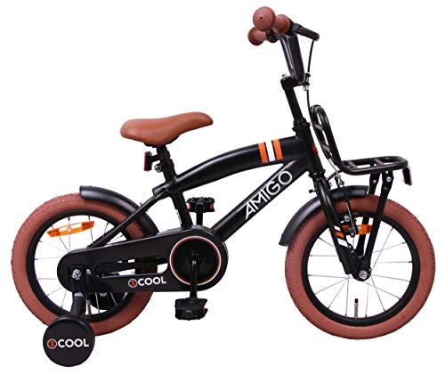 Amigo 2Cool - Bicicleta Infantil de 14 Pulgadas - para niños de 3 a 4 años - con V-Brake, Freno de Retroceso, Timbre, portaequipajes Delantero y ruedines - Negro Mate