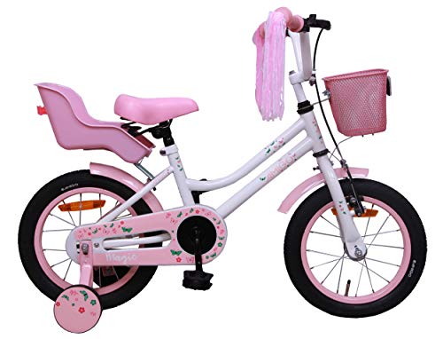 Amigo Magic - Bicicleta Infantil de 14 Pulgadas - para niñas de 3 a 4 años - con V-Brake, Freno de Retroceso, Cesta, Asiento para muñecas, Timbre y ruedines - Blanco