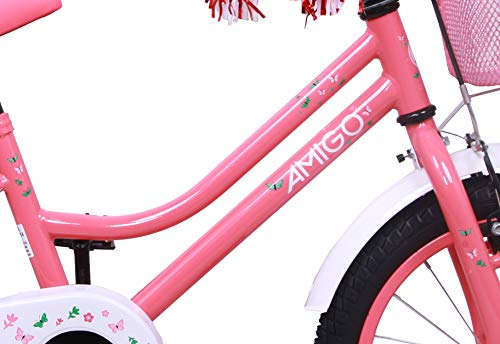 Amigo Magic - Bicicleta Infantil de 16 Pulgadas - para niñas 4 a 6 años - con V-Brake, Freno de Retroceso, Cesta, Asiento para muñecas, Timbre y ruedines - Rosa