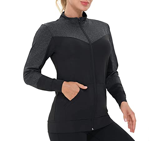 AMZSPORT Chaqueta Deportiva Mujer, Sudaderas de Running Ligeras con Bolsillos Negro L