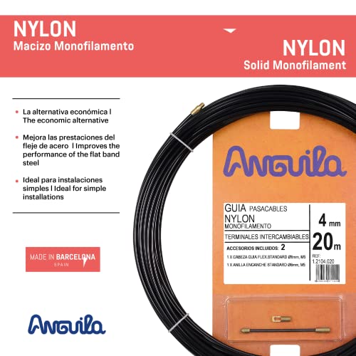 Anguila - Guía pasacables Nylon Monofilamento, 20 m, Diámetro 4 mm, Terminales Intercambiables, Negro.