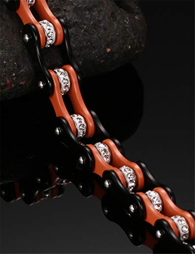 Aruie Pulsera para hombre de acero con diamantes de imitación y diamantes de imitación, cadena de bicicleta de moto, color naranja y negro