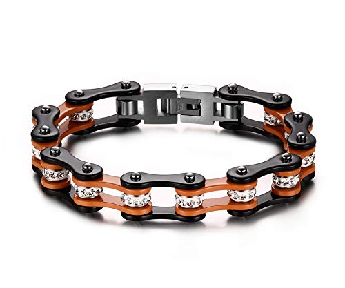 Aruie Pulsera para hombre de acero con diamantes de imitación y diamantes de imitación, cadena de bicicleta de moto, color naranja y negro