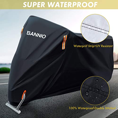 BANNIO Funda Moto,210D Oxford Funda Protector Cubierta de la Motocicleta con Banda Reflectante, Impermeable A Prueba de UV Resistente al Viento Lluvia Nieve Cubre Moto,Funda para Moto XXL 245cm,Negro