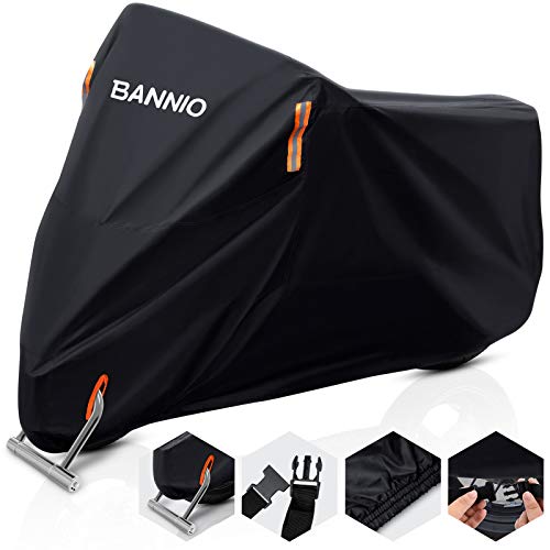 BANNIO Funda Moto,210D Oxford Funda Protector Cubierta de la Motocicleta con Banda Reflectante, Impermeable A Prueba de UV Resistente al Viento Lluvia Nieve Cubre Moto,Funda para Moto XXL 245cm,Negro