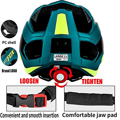 BAT FOX Casco de Ciclismo General para Hombres y Mujeres Adultos, Casco de Bicicleta de Montaña de Tamaño Ajustable de 56-62 cm con Visera Solar Desmontable (Verde Oscuro)