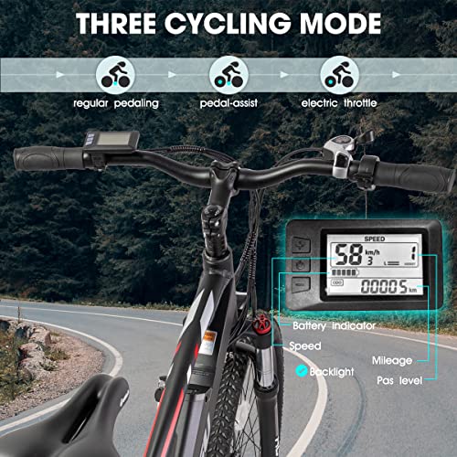 Bicicleta de montaña eléctrica de 26 pulgadas con cambio Shimano de 7 marchas, batería de 10,4 Ah, motor trasero de 250 W y set de iluminación.