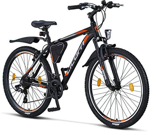 Bicicleta de montaña Licorne Bike Effect de 26 pulgadas, cambio de 21 velocidades, suspensión de horquilla, bicicleta para niños y hombre, bolsa para cuadro