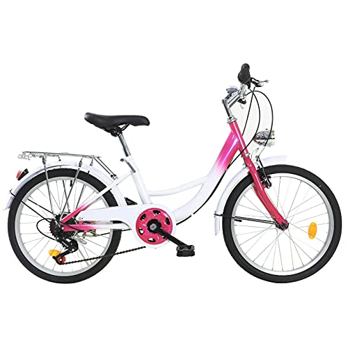 Bicicleta infantil de 20 pulgadas, 6 velocidades, con luz, para niños de 12 a 16 años, color rosa y blanco