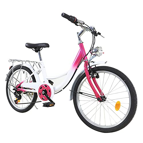 Bicicleta infantil de 20 pulgadas, 6 velocidades, con luz, para niños de 12 a 16 años, color rosa y blanco