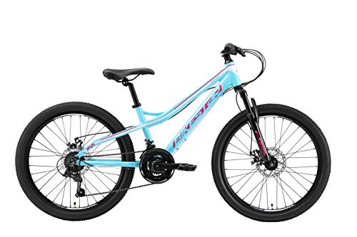 BIKESTAR Bicicleta de montaña de Aluminio Bicicleta Juvenil 24 Pulgadas de 10 a 13 años | Cambio Shimano de 21 velocidades, Freno de Disco, Horquilla de suspensión | niños Bicicleta Turquesa Blanco