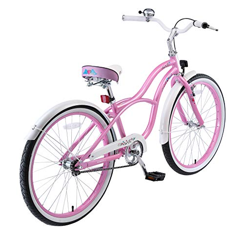  Bicicleta para niñas de 24 pulgadas, color morado, para mujer,  26 pulgadas, 24 pulgadas, triciclo de 1/7 velocidad, bicicleta de crucero  de 3 ruedas con cesta de carga y herramientas de