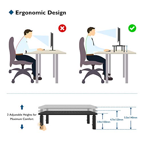 BONTEC Soporte de Monitor PC Ergonómico Levantador de Soporte para Ordenador Portátil de Metal de Calidad Altura Ajustable para Ordenador Portátil, Computadora, iMac, PC, Impresora de hasta 20 kg