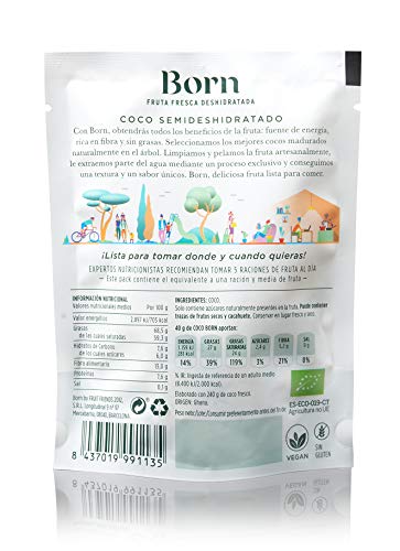 Born Coco - Fruta Deshidratada Ecológica - Vegetariano, Vegano, Paleo, sin Gluten, sin Lactosa, sin Azúcar Refinado - Doy Pack 40 G