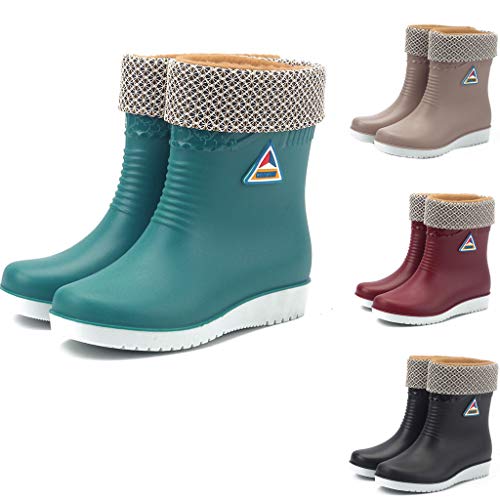 Botas de Agua Acolchadas para Mujer Botas de Lluvia Media Botas de Invierno Botas Cálidas Botas de Trabajo Cómodas Botas Antideslizantes Botines de Goma Impermeables Yvelands(Negro,37)