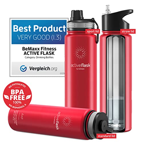 Botella de Agua Térmica Active Flask + Pajita (3 Tapones) sin BPA - 1l & 500ml | Frasco Termo de Acero Inoxidable + Aislamiento Vacío | Cantimplora Aislada Bicicleta Deporte Caliente Fría Café Té