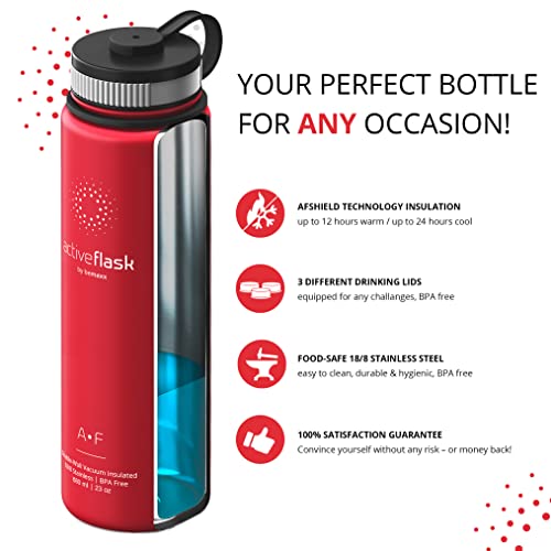 Botella de Agua Térmica Active Flask + Pajita (3 Tapones) sin BPA - 1l & 500ml | Frasco Termo de Acero Inoxidable + Aislamiento Vacío | Cantimplora Aislada Bicicleta Deporte Caliente Fría Café Té