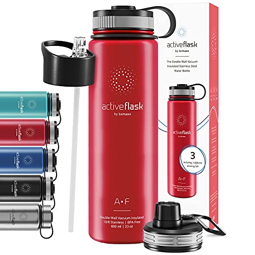 Botella de Agua Térmica Active Flask + Pajita (3 Tapones) sin BPA - 1l & 500ml | Frasco Termo de Acero Inoxidable + Aislamiento Vacío | Cantimplora Aislada Bicicleta Deporte Caliente Fría Café Té