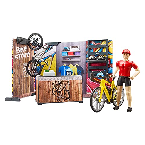 Bruder Bworld 63120 - Tienda de Bicicletas con Bicicleta de Carretera, Bicicleta de montaña, Taller con Equipo y Herramientas, mostradores de Venta, etc.