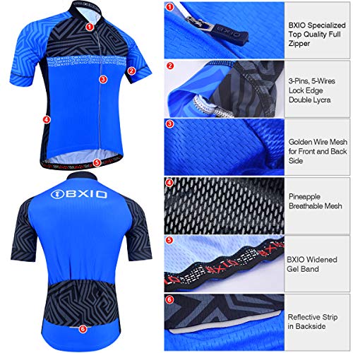 BXIO Ropa Ciclismo Verano Manga Corta, Maillot Ciclismo Hombre con Tira Reflectante y Culotte con Tirantes Acolchado Gel, Azul (207, Culotte con Tirantes), 3XL