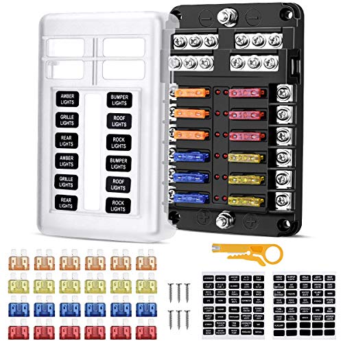 Caja Fusibles 12V, 12 Vías Caja de Fusibles Coche Portafusibles con Lámpara de Alerta LED Kit Bloque de Fusibles Plano ATC/ATO con Bus Negativo para Coche, Barco, Marino, Triciclo, Furgoneta, SUV