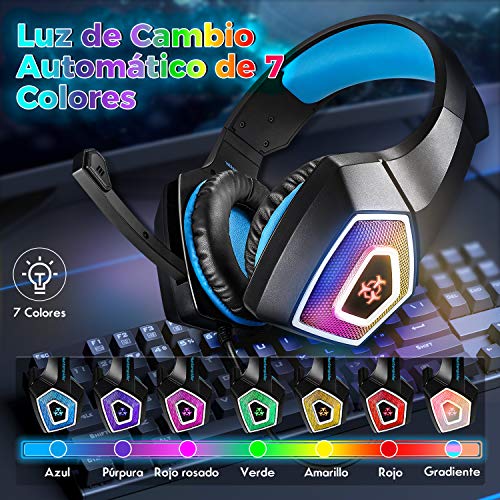 Cascos Gaming, Auriculares Gaming PS4 con Microfono para PC Xbox One Switch Tablet Cascos Gamer Estéreo y Cancelació de Ruido, Auricular Diadema con Luz LED RGB 3.5mm Jack y Orejeras Suaves de Memoria