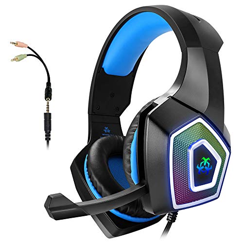 Cascos Gaming, Auriculares Gaming PS4 con Microfono para PC Xbox One Switch Tablet Cascos Gamer Estéreo y Cancelació de Ruido, Auricular Diadema con Luz LED RGB 3.5mm Jack y Orejeras Suaves de Memoria