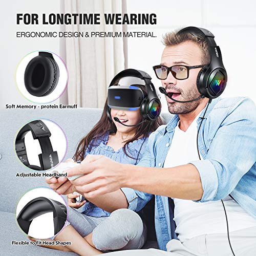 Cascos Gaming, Auriculares Gaming PS4 PC con Microfono Diadema con RGB Luz LED y Cancelació de Ruido, Cascos Gamer Headset Estéreo con Orejeras Cómodas, Headphones para Xbox One Switch Tableta