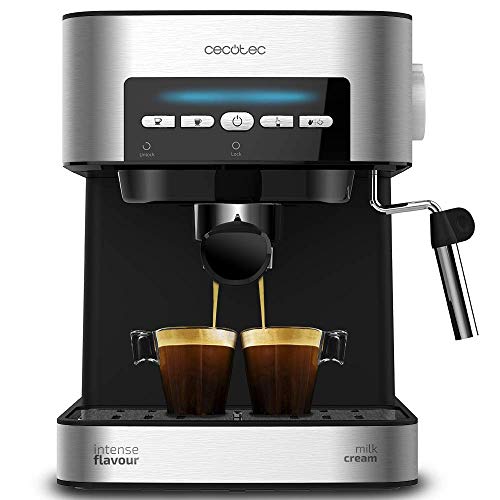 Cecotec Power Espresso 20 Matic Cafetera, Presión 20 Bares, 1,5L, Brazo Doble Salida, Vaporizador, Superficie Calientatazas, Mandos Digitales, Acabados en Acero Inoxidable, 850W, Negro/Plata