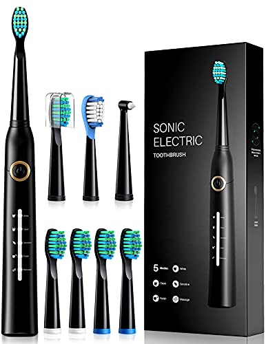 Cepillos de Dientes Electricos, Cepillo Dientes Sónico con 8 Cabezas de Cepillo, 5 Modos, Carga 4 Horas por 30 Días, IPX7 Impermeable Cepillo Electrico Dientes, Negro