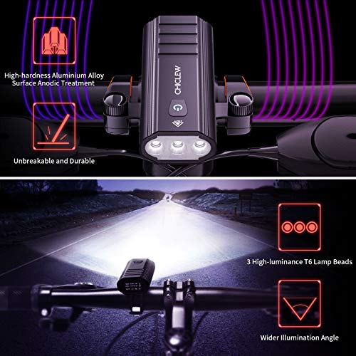 CHICLEW Luces Bicicleta Delantera y Trasera, 5200mAh Luz LED Bicicleta Súper Brillantes, IP65 Impermeable Luz Bici con 2 Soportes, 5 Modos Ajustables de Brillo Luces Bicicleta de Carretera y Montaña