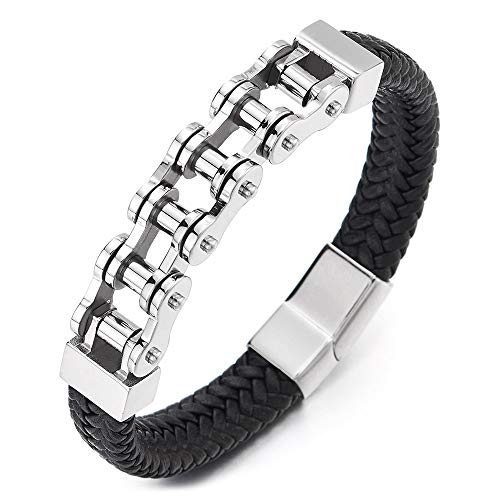 COOLSTEELANDBEYOND Acero Bike Chain, Cadena Bici Motocicleta Pulsera, Negro Cuero Trenzado Brazalete de Hombre