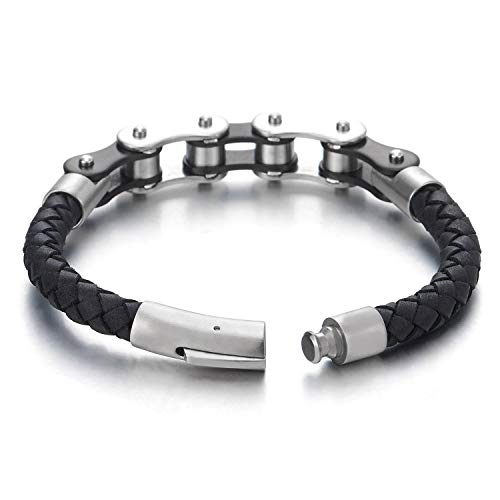 COOLSTEELANDBEYOND Acero Plata Negro Bike Chain Cadena Bici Motocicleta Pulsera, Negro Cuero Trenzado Brazalete de Hombre, Cierre Mosquetón