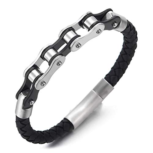 COOLSTEELANDBEYOND Acero Plata Negro Bike Chain Cadena Bici Motocicleta Pulsera, Negro Cuero Trenzado Brazalete de Hombre, Cierre Mosquetón