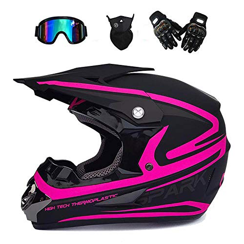 CYSJX Casco De Motocross, Adulto Motocross Casco, Cascos De Cross Motocicleta Off-Road Enduro Cascos para Adulto Hombres Mujeres, Scooter Casco con Gafas Máscara Guantes,Pink-M