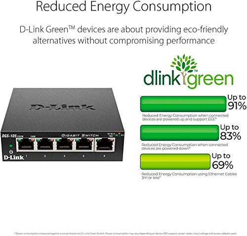 D-Link DGS-105 - Switch de red (5 puertos Gigabit RJ-45, 10/100/1000 Mbps, chasis metálico, IGMP snooping, autosensing, priorización de tráfico QoS 802.1p) color negro