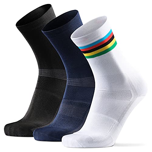 DANISH ENDURANCE Calcetines de Ciclismo para Hombres y Mujeres, Paquete de 3 Calcetines de Bicicleta Transpirables hasta el Tobillo (1 x Rayas, 1 x Negro, 1 x Azul), EU 35-38