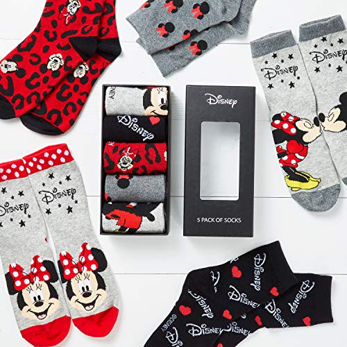 Disney Calcetines Mujer, Pack de 5 Calcetines Mujer Divertidos Con Mickey y Minnie, Merchandising Oficial Regalos Originales Para Mujer y Chica Adolescente Talla 36-40