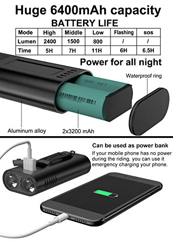 DOVEYI Luz Bicicleta,Potente 6400 mAh Led Luces Bici Delantera y Trasera 2400 Lúmenes Recargables USB Linterna Bicicleta Impermeable IPX5 Focos para Bicicletas Luces y Reflectores de Ciclismo