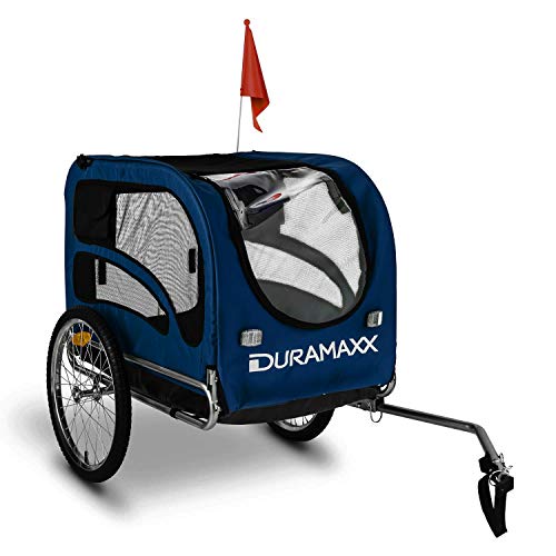 DURAMAXX King Rex - Carrito para Perros, Carro para Perros, Remolque para Bicicletas, Cochecito Perro, 250 litros, máx. 40 kg, Acoplamiento Fijo, neumáticos 16", Llantas Acero, banderín, Azul