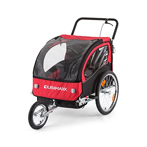 DURAMAXX Trailer Swift Remolque Bicicleta Infantil (Remolque Infantil 2 Asientos, máx. 20 kg, Convertible Carrito Paseo, cinturón Seguridad, Transporte niños, Impermeable, Transpirable, Rojo)