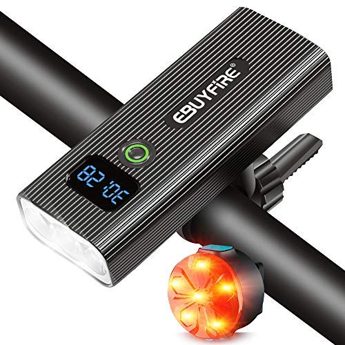 EBUYFIRE Luz Bicicleta Recargable USB,Luces LED Bicicleta Delantera y Trasera,5 Modos,5200 mAh Luz Bicicleta Potente Delantera con Pantalla Digital LED para Todas Las Bicicleta (2400lumen)