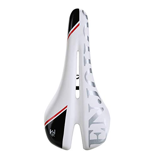 ENJOHOS Hombres Mujeres Silla de Bicicleta de Cuero Acolchada Silla de Bicicleta de montaña Profesional Silla de Montar de Bicicleta MTB Cojín de Bicicleta Bicicleta de Engranaje Fijo (Blanco)