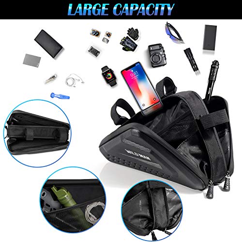 ENONEO Bolsa Triangular de Bicicleta Impermeable 3L Gran Capacidad Bolsa Bicicleta Montaña Con Cremallera Doble y Tira Reflectante Bolsa de Almacenamiento para Cuadro de Bicicleta, MTB Bicicleta Negro