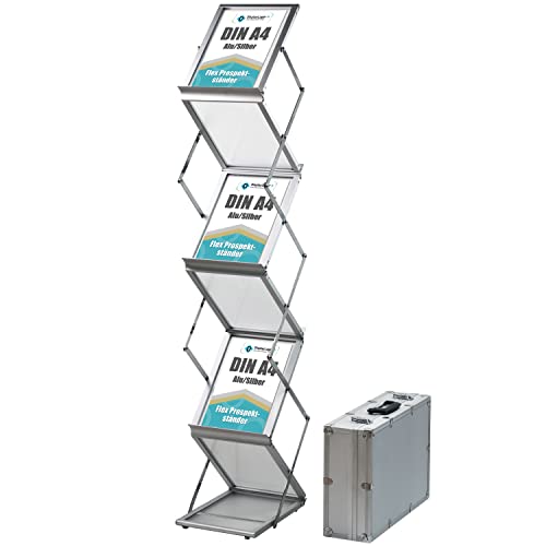 Expositor de folletos plegable 6 x A4 de aluminio/acrílico. Incluye maletín de transporte de aluminio. Soporte para folletos de suelo. Expositor de folletos, color plateado